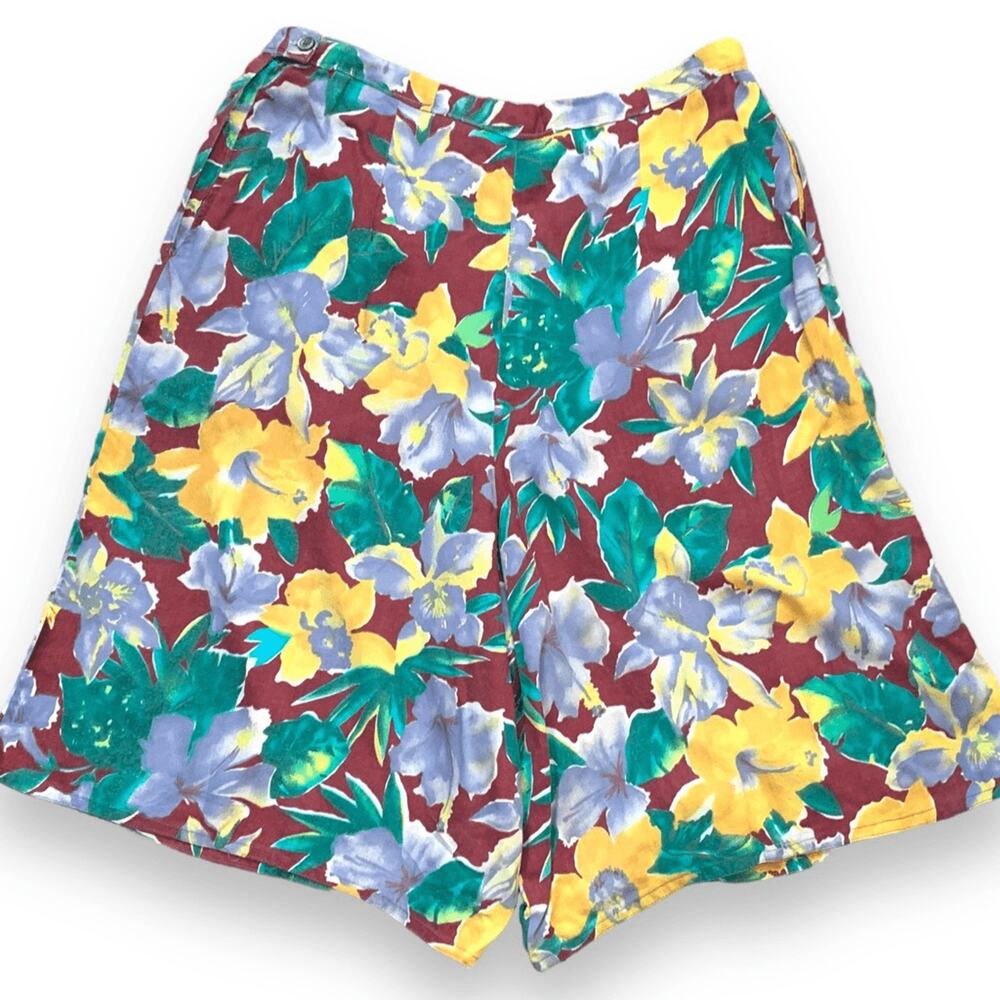 Vintage Handmade Floral Shorts Yellow Tropical Hibiscus Floral Print High Waist